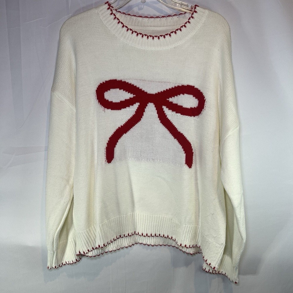Women's XL Pullover Sweater Red Bow Off White Cream Color Valentine Holiday